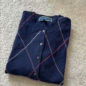 Karen Scott Navy Cardigan with Red and White Accents